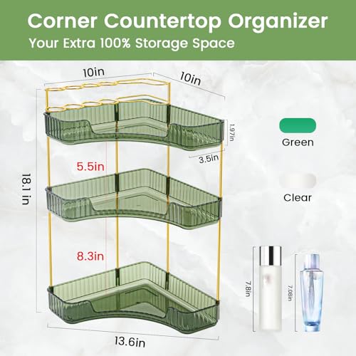 NATURE'S SOURCE Makeup Organizer for Vanity, 3-Tier Corner Bathroom Organizer Countertop with Makeup Brush Holder, Corner Counter Storage for Bathroom Dresser- Green - color: Green, size: 3-Tier