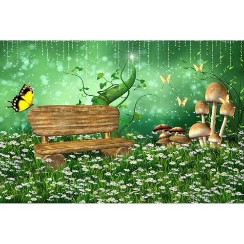 Wonderland Garden Backdrop Enchanted Fairy Green Meadow Scenery Photography Background Fantasy White Flowers Misty Foggy Evening Backdrop Spring Mushroom Butterfly Background Cake Table Props 5x3ft - color: Green White, size: 5x3ft