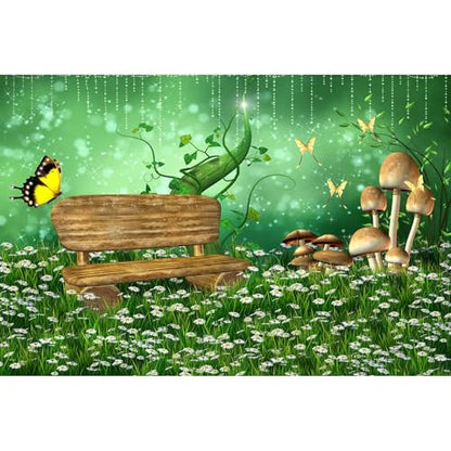 Wonderland Garden Backdrop Enchanted Fairy Green Meadow Scenery Photography Background Fantasy White Flowers Misty Foggy Evening Backdrop Spring Mushroom Butterfly Background Cake Table Props 5x3ft - color: Green White, size: 5x3ft
