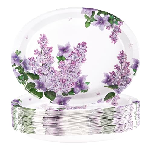 50 Pcs Lilac Oval Paper Plates Large 10" x 12" Purple Floral Plates Disposable Heavy Duty Dinner Serving Platters for Spring Summer Purple Party Supplies Baby Shower Wedding Flower Party Decorations - style: 50Pcs Lilac Oval Plates