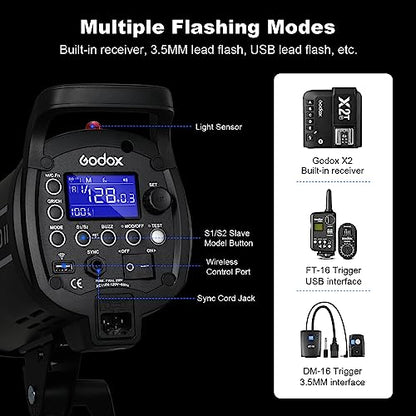 Godox 3 Pack QT600IIM 1800Ws 2.4G TTL Speedlite Studio Flash Strobe Light Bowens Mount Kit,GN76 1/8000s HHS,Recycle in 0.05-0.9 Sec for Studio Shooting, Location and Portrait Photography