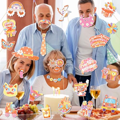 25Pcs Groovy 10th Birthday Photo Booth Props with Stick, Boho Hippie Theme Selfie Props, Retro Party Supplies, Girl Kids Bday Photography Backdrop Decorations