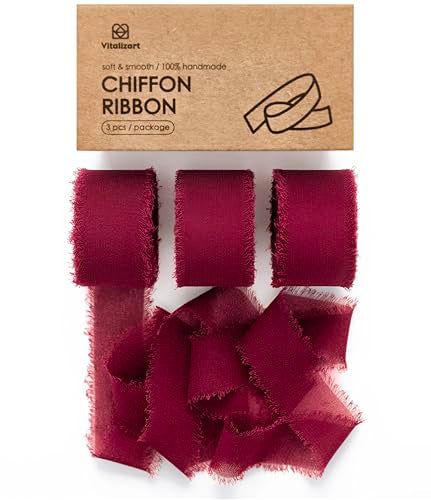 Vitalizart Burgundy Red Chiffon Silk Ribbon 1" x 21 Yd Fringe Fabric Package (3 Rolls * 7 Yd) for Wedding Invitations Bridal Bouquets Decorations Gifts Wrapping & Bow Making - color: Red
