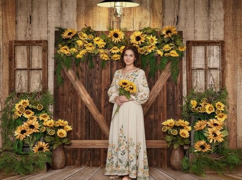 Kate 7x5ft Spring Sunflowers Photography Backdrops Farm Wood Door Photo Background Studio Children Birthday Party Cake Table Banner Baby Shower Backgrounds Props - size: 7x5ft