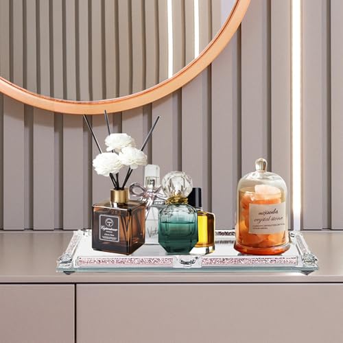 Large Glass Tray, Crystal Mirror Modern Jewelry Trinket Trays with Crushed Diamond, 15.7" x 11.8" Rectangular Makeup Perfume Tray for Bathroom Bedroom, Home Decor, Hotel Banquet, Party (Rose A) - color: Rose a
