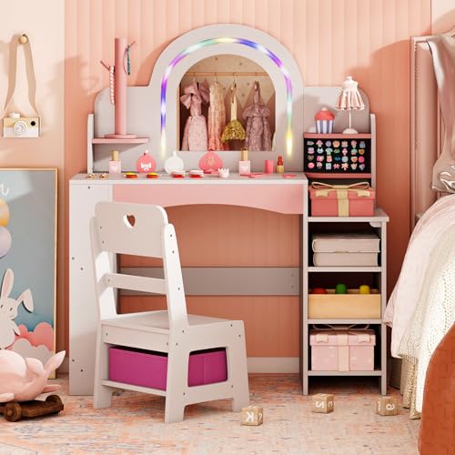 Costzon Kids Vanity, Girls Vanity Set with Lighted Mirror, Bookshelf, Jewelry Storage, Toddler Makeup Vanity Desk Dressing Table, Wooden Kids Vanity Table and Chair Set (White) - style: White
