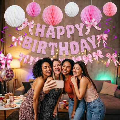 Pre-strung Pink Bow Birthday Party Decorations Glitter Happy Birthday Banner Honeycomb Balls Bows Hanging Swirls for Women Girls Coquette Party Decor