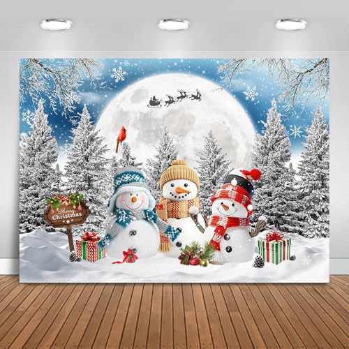 Christmas Snowman Backdrop 8x6ft Merry Christmas Snowy Forest Photography Background Party Decorations Winter Wonderland Xmas Moon Banner Photo Booth Props - size: 8x6ft