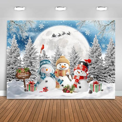 Christmas Snowman Backdrop 8x6ft Merry Christmas Snowy Forest Photography Background Party Decorations Winter Wonderland Xmas Moon Banner Photo Booth Props - size: 8x6ft