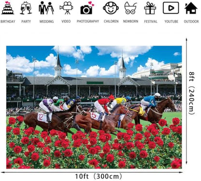 Red Rose Garden Racecourse Photography Background Horse Racing Run for the Roses Banner Horse Theme Party Decorations Supplies (10x8FT: 120x96 inch) - size: 10x8ft: 120x96 Inch