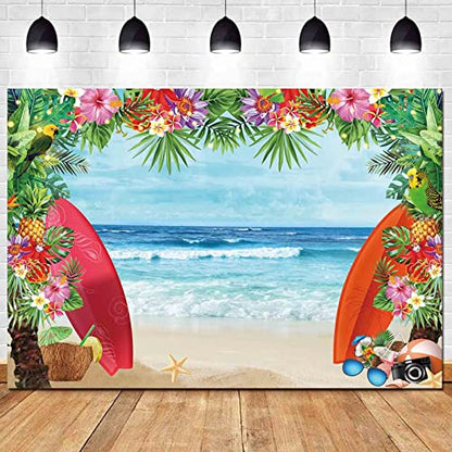 HQM 7x5FT Fabric Summer Tropical Beach Photo Background Beach Conch Hawaii Blue Sea Flower Children Birthday Luau Party Photography Backdrop Kids Baby Shower Cake Table Decor Supplies - size: 7x5 FT