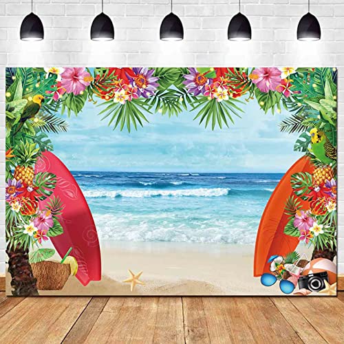 HQM 7x5FT Fabric Summer Tropical Beach Photo Background Beach Conch Hawaii Blue Sea Flower Children Birthday Luau Party Photography Backdrop Kids Baby Shower Cake Table Decor Supplies - size: 7x5 FT