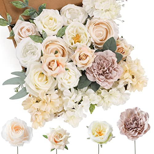 Floweroyal Artificial Flowers Combo White Flowers Mix Silk Flowers Dahlia Roses with Stems for DIY Wedding Bridal Bouquets, Baby Shower, Floral Arrangement, Table Centerpieces, Home Decorations. - color: White