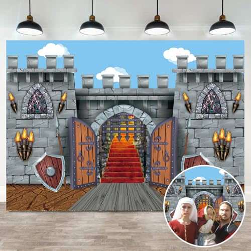 Medieval Party Backdrop Medieval Castle Wall Arched Door Window Knight Photography Background Medieval Vintage Castle Boys Children Birthday Party Photo Props (7x5FT) - size: 7x5FT