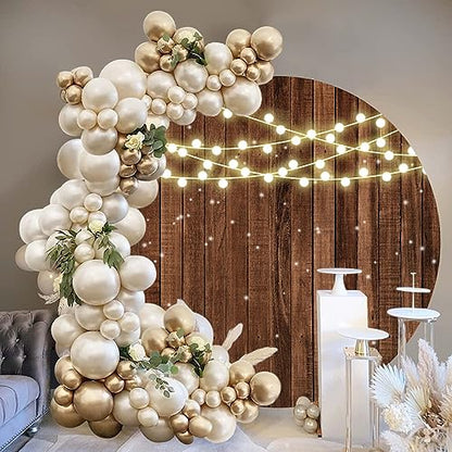 7x7ft Glitter Rustic Wood Round Backdrop Brown Wooden Texture String Lights Circle Photography Background for Baby Shower Birthday Wedding Bridal Shower Party Banner Photo Booth Props - size: 7x7ft-Diameter