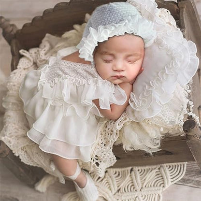 Holibeat Baby Girl 4PCS Photography Props (Romper+Pillow+Hat+Shoes) Newborn Girl Christmas Lace Photoshoot Outfits Infant Posing Props (white) - color: White1