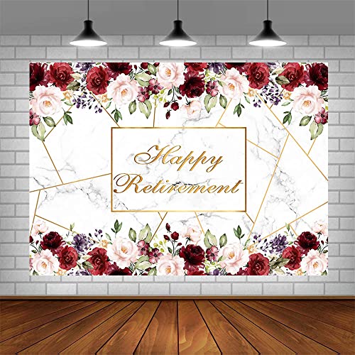 AIBIIN 7x5ft Happy Retirement Backdrop Red White Marble Rose Gold Pink Red Flowers Photography Background The Aged Women Lady Retirement Party Decorations Banner Photo Props