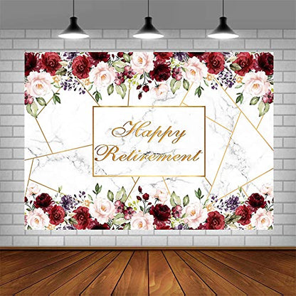 AIBIIN 7x5ft Happy Retirement Backdrop Red White Marble Rose Gold Pink Red Flowers Photography Background The Aged Women Lady Retirement Party Decorations Banner Photo Props