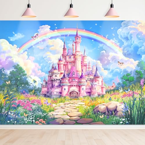Newsely Princess Birthday Party Backdrop 7Wx5H Photography Castle Wilflower Pink Palace Rainbow Cloud Watercolor Grass Background Multicolor Girls Party Decorations Banner Photo Booth Props Supplies - color: D-Castle, size: 7Wx5H