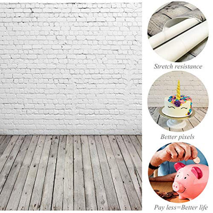 HUAYI 5X7ft White Brick Wall with Gray Wooden Floor Photography Vinyl Backdrop D-2504 - size: 5x7ft-econvinyl