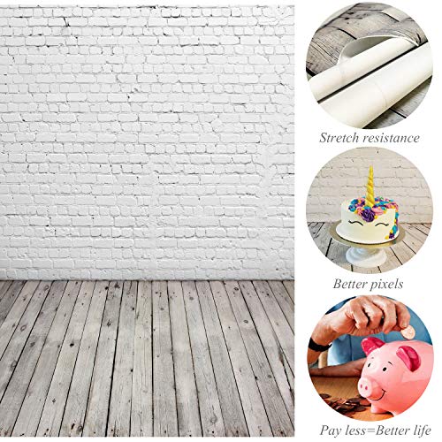HUAYI 5X7ft White Brick Wall with Gray Wooden Floor Photography Vinyl Backdrop D-2504 - size: 5x7ft-econvinyl