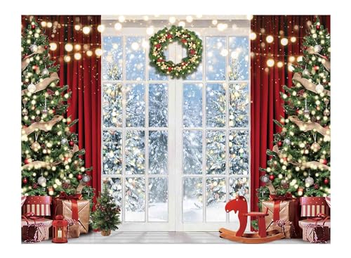 Allenjoy 96" x 72" Christmas Window Backdrop for Photography Winter Merry Xmas Tree Background Snow Holiday Photobooth Portrait Party Banner Festival Photo Studio Props Supplies - size: 96x72 in