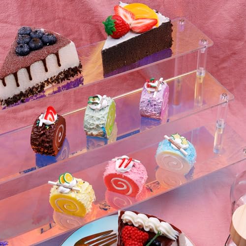 MY MIRONEY 3 Tier Acrylic Riser Display Shelf Iridescent Display Stand Figurines Decoration Organizer Cupcakes Holder for Display Food Desserts Collectibles Perfume Makeup(15.75" x 7.28" x 5.91") - size: 15.75" x 7.28" x 5.91"