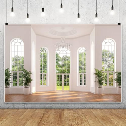 Laeacco 6x4ft Villa Hall Backdrop White Wall Interior Arch Door Window Scenery Photography Background for Business Office Video Conference Decoration Birthday Travel Party Banner Photo Booth Props - size: 6x4ft