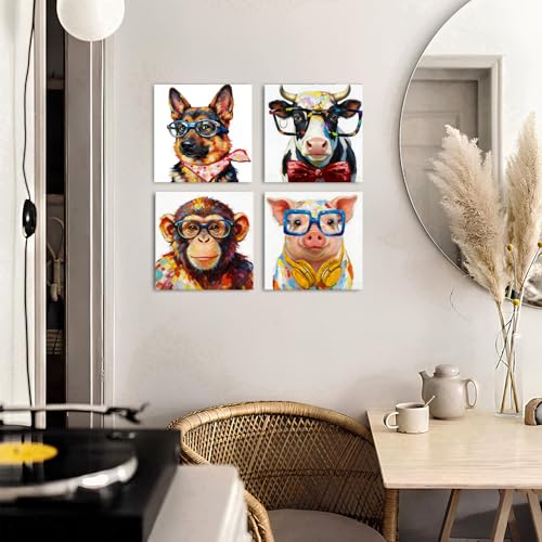 Colorful Cartoon Animal Wall Art Funny Cute Pig Dog Cow Chimpanzees Wearing Glasses Pictures Wall Decor for Kids Bedroom Abstract Wildlife Canvas Print Artwork Toddler Nursery Home Decoration 12x12 4P - color: Cartoon Animal, size: 12"l X 12"w