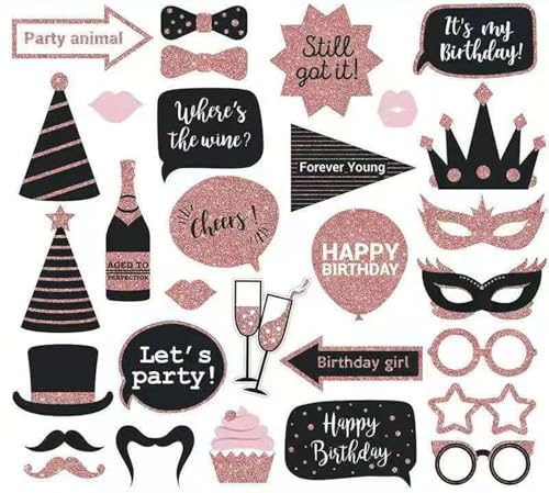 30-Piece Wedding Photo Booth Props Set, Gold Dusted Party Decorations, Wedding Celebration Supplies (Pink)