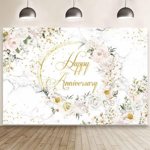 MEHOFOND 7x5ft Floral Happy Anniversary Backdrop White Feliz Aniversario Photography Background White Marble Flower Gold Glitter Dots Couple Wedding Party Engagement Decorations Photo Booth Props - color: White, size: 7x5ft