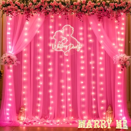 Hot Pink Tulle Backdrop Curtain with Lights for Parties 10x10ft Fuchsia Sheer Backdrop Curtains for Weddings Birthday Baby Shower Photo Shoot Background Decorations - color: Hot Pink, size: 10 ft X 10 ft(2 Panels 5ft X 10ft)