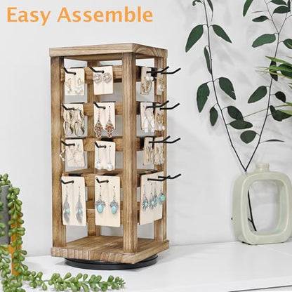 Ikee Design Wood Rotating Jewelry Display, Removable 42 Hooks Earring Display Stand, 5 Bars Earring Organizer Stand, Oak Color - color: 4 side, Oak, 42 hooks