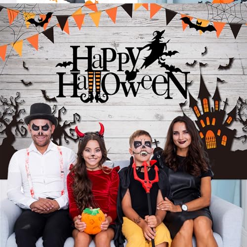 Mocsicka Happy Halloween Backdrop Spider Web Witch and Flying Bats Photography Background Wooden Floor Halloween Party Cake Table Decoration Banner Photo Booth Props (8x6ft) - size: 8x6ft