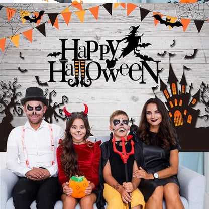 Mocsicka Happy Halloween Backdrop Spider Web Witch and Flying Bats Photography Background Wooden Floor Halloween Party Cake Table Decoration Banner Photo Booth Props (8x6ft) - size: 8x6ft