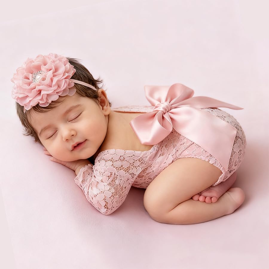 Newborn Photography Outfits Girl Newborn Photography Props Lace Romper with Headband Infant Photo Shoot Outfits Girls Photo Props Baby Girl Photoshoot - color: Bow Pink
