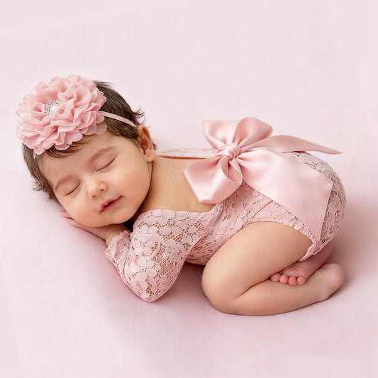 Newborn Photography Outfits Girl Newborn Photography Props Lace Romper with Headband Infant Photo Shoot Outfits Girls Photo Props Baby Girl Photoshoot - color: Bow Pink
