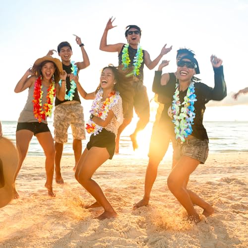 Arrowom 24pcs Hawaiian Leis Bulk Luau Party Silk Flower Necklace Colorful Tropical Hawaiian Bulk Hula Dance Party Decor Flower Leis Summer Beach Pool Party Decorations Favors Supplies - color: Hawaiian 24pcs