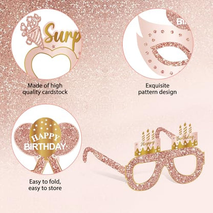 Guiruiy 24PCS Happy Birthday Eyeglasses Decorations for Girls Women, Pink Rose Gold Birthday Paper Eyeglasses Party Supplies, 16th 21st 30th 40th 50th 60th 70th 80th 90th Year Old Bday Glasses Decor - style: Pink Rose Gold