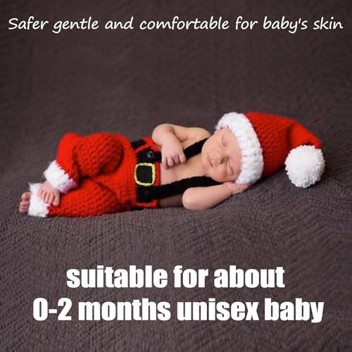 AIXIANG Hand-Knit Newborn Christmas Photo Prop Set - Santa Hat & Overalls (Fits 0-2 Months/Up to 12 lbs) - Stretchy Knit for Baby's First Christmas Pictures