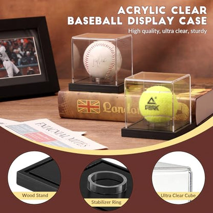 JupDec Baseball Display Case - Clear Cube Baseball Holder with Wooden Base, Autograph Stand Box for Single Ball, Acacia Wood, Black, 2 Pack - size: 2 Pack