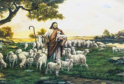 Laeacco Dusk Shepherd Sheep Flock Grassland Fresco Easter Backdrop 7x5ft Jesus Christ Theme Christmas Background Bible Story Church Activities Christian Photo Shoot Studio - size: 7x5ft