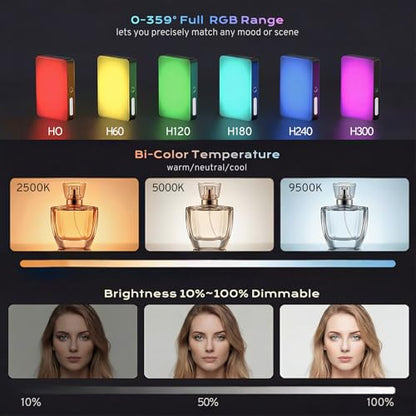 RGB Video Light, Portable Camera Light, 3100mAh with 1/4” Cold Shoe Adapter CRI95+ LED Fill Light, 0-359° Hue, 2500K-9000K CCT, 20 Effects, 140 LEDs for TikTok, Vlogging, Photography - color: RGB