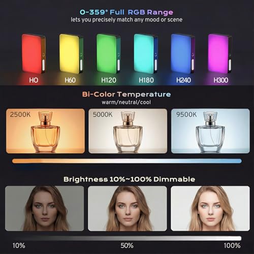 RGB Video Light, Portable Camera Light, 3100mAh with 1/4” Cold Shoe Adapter CRI95+ LED Fill Light, 0-359° Hue, 2500K-9000K CCT, 20 Effects, 140 LEDs for TikTok, Vlogging, Photography - color: RGB