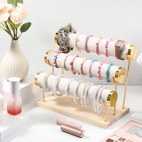 Bracelet Holder Display Stand Bangle Organizer 3 Tier Jewelry Display for Vendors, Gold Jewelry Necklaces Scrunchie Storage Rack with Wood Base