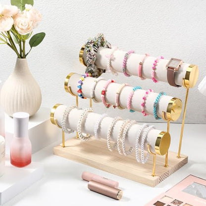 Bracelet Holder Display Stand Bangle Organizer 3 Tier Jewelry Display for Vendors, Gold Jewelry Necklaces Scrunchie Storage Rack with Wood Base