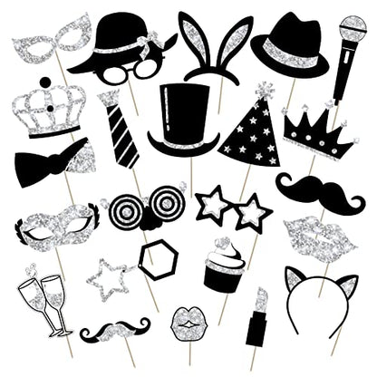 Zonon 24 Pcs Funny Photo Booth Props Class of 2026 Graduation Birthday Wedding Family Class Reunion Prom Disco Party Celebration Decoration Supplies Mix of Hats, Lipstick, Tie(Silvery) - color: Silvery