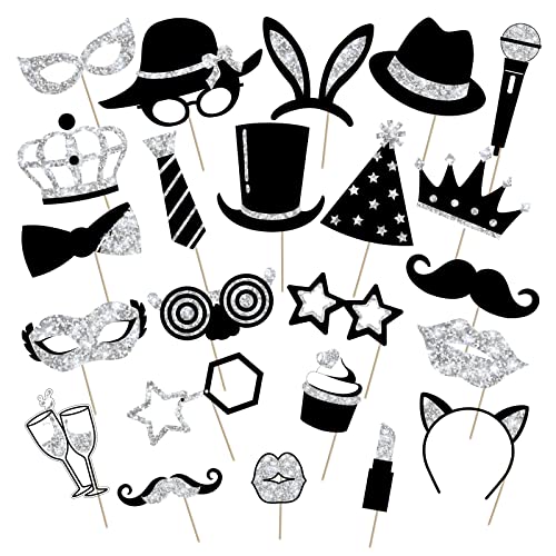 Zonon 24 Pcs Funny Photo Booth Props Class of 2026 Graduation Birthday Wedding Family Class Reunion Prom Disco Party Celebration Decoration Supplies Mix of Hats, Lipstick, Tie(Silvery) - color: Silvery