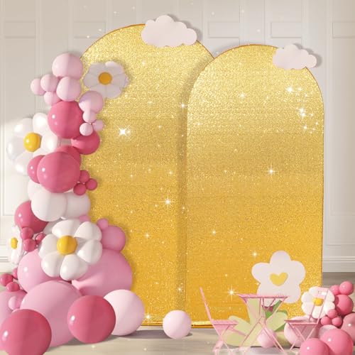 PartyDelight Arch Backdrop Cover 7.2FT/6.6FT Sparkly Set of 2 Gold Sequin Wedding Back Drop Fitted Arch Stand for Birthday Party Decoration - color: Gold, size: 7.2FT/6.6FT