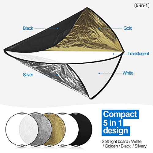 Wellmaking 43Inch/110cm Photography Light Reflector, Portable Foldable 5 in 1 Diffuser Reflectors with Bag & tilt Adapter for Studio & Outdoor Lighting-Translucent, Silver, Gold, White and Black - size: 43 Inch (110cm)